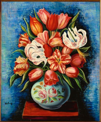 Blomsterbuket med tulipaner og liljer af Moise Kisling