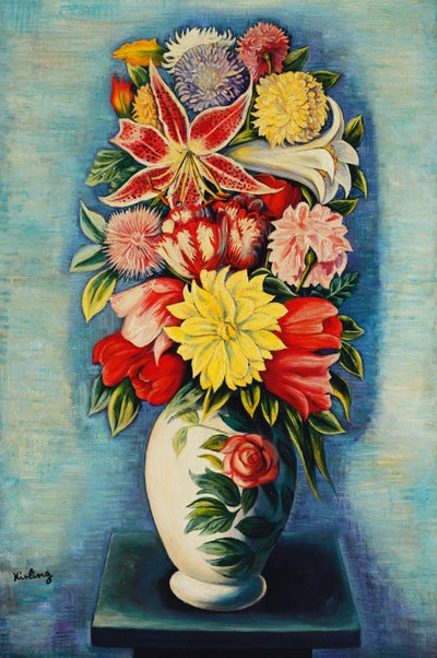 Blomster: Dahliaer, tulipaner og liljer; Bouquet de Fleurs: Dahliaer, tulipaner, liljer og liljeblomster af Moise Kisling