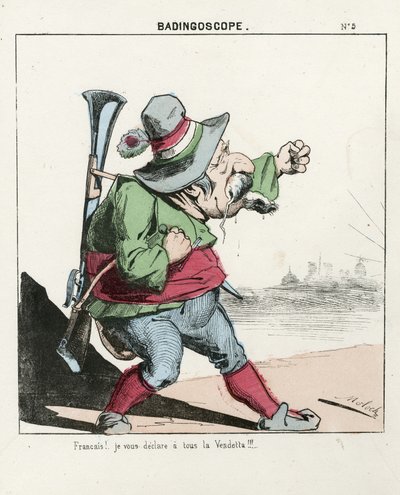Flyvende blad, nummer 5, satirisk i farver, ca. 1870: Badingoskop - Kommune Paris/Krig/Belejring, Jagt, Republikkens præsident - Napoleon III - Illustration af Moloch (1849-1909) af Moloch