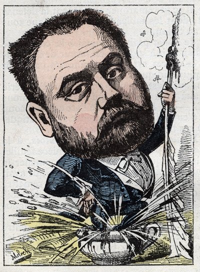 Portræt af Emile Zola (1840-1902) fransk forfatter i "" Le Trombinoscope"" af Touchatout, karikatur af B. Moloch fra 1882 (1849-1909). Privat samling. af Moloch