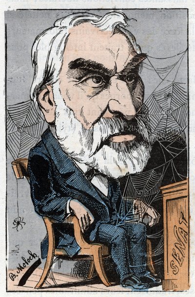 Eugene Pelletan (1813-1884), fransk litterær journalist og politiker i "Le Trombinoscope"" af Touchatout, tegneserie af B. Moloch fra 1882 (1849-1909). Privat samling. af Moloch