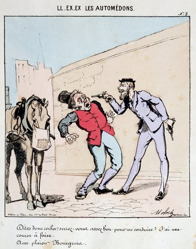 HAN. EX. EX. Motoredons: Tegneserie af transport i byen. En borgerlig beder høfligt en kusk om at køre ham, mens han truer ham med våben. Tegning af Moloch (1849-1909), omkring 1860. af Moloch