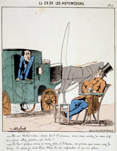HAN. EX. EX. Motoredons: Tegneserie af transport i byen. En kusk betaler til tiden stopper på en cafe for at tage en bock under æren fra den borgerlige, han bærer. Tegning af Moloch (1849-1909), omkring 1860. af Moloch
