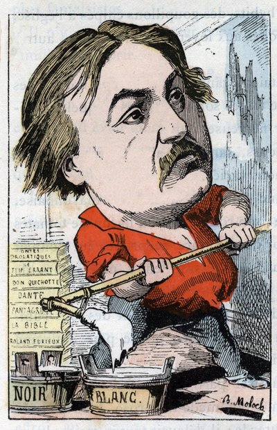 Portræt af Gustave Dore, tegner og gravør 1832-1883 i "" Le Trombinoscope"" af Touchatout, karikatur af B. Moloch fra 1882 (1849-1909). Privat samling. af Moloch