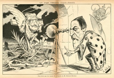 Billedet til latter, nummer 4, omkring 1897_11_13 - Illustration af Alphonse Hector Columbus, kendt som B. Moloch eller Moloch (1849-1909): En ukendt engel - Dreyfus-affæren, Djævleøen - Dreyfus Alfred, Scherer-Kestner Auguste af Moloch