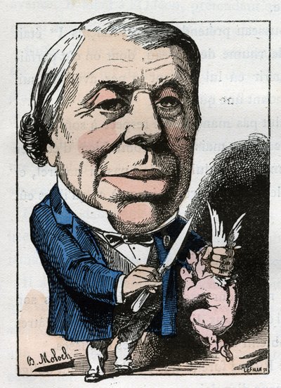 portræt af Philippe Ricord (1800-1889), fransk kirurg i "" Le Trombinoscope"" af Touchatout, tegneserie af B. Moloch fra 1882 (1849-1909). Privat samling. af Moloch