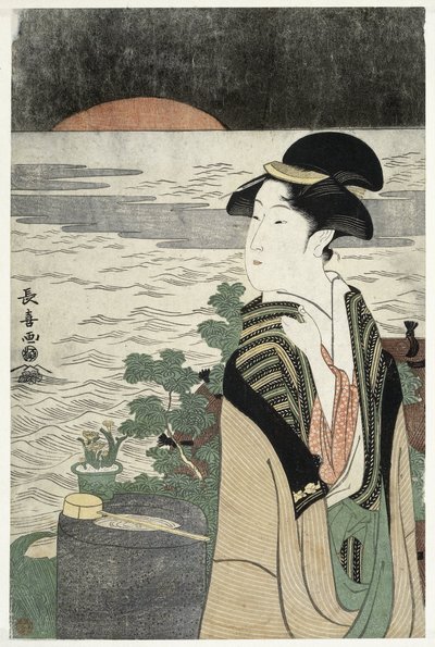 Ung kvinde ved solopgang af Momokawa Chôki