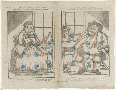 Trijn Antijddorst, Geb: Kaffekærlighed. / Leder af kaffesøsterselskabet. / Hans Altyddorst. / Leder af øldrikkerfirmaet (titel på objekt) af Monogrammist B (prentmaker)