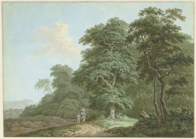 Landskab med en kvinde og en dreng på en landevej af Monogrammist FWH (possibly)