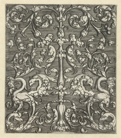 Ornament med to fantasidyr og lysestage af Monogrammist IG