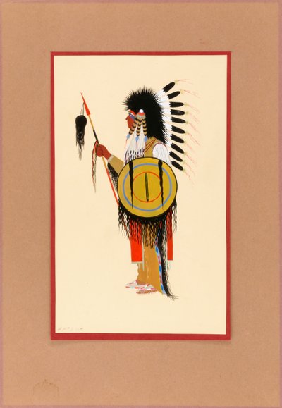 Cheyenne Warrior i fjerhovedbeklædning med skjold, ca. 1915-1937. af Monroe Tsatoke