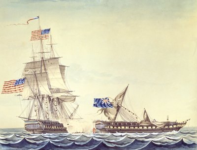 Søslag mellem den amerikanske fregat Constitution og HMS-fregatten Java (akvarel på papir) af Montardier Montardier