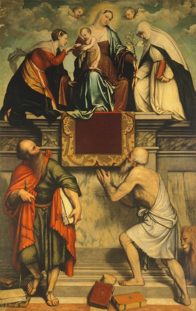 Tronet Madonna med Child, St. Catherine, St. Paul og St. Jerome af Moretto da Brescia