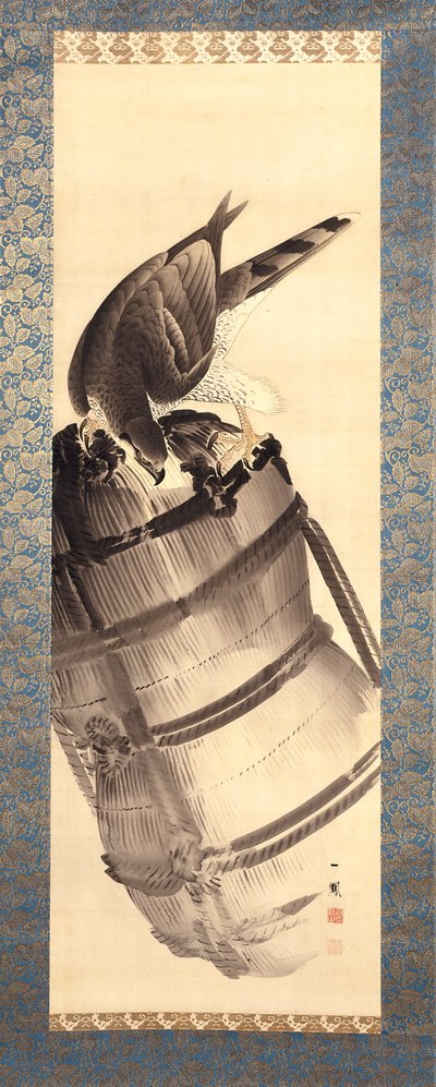 Hawk On A Straw Rice Balle (blæk og farve på silke) af Mori Ippo