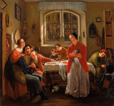 Den frivilliges tilbagevenden fra befrielseskrigene til deres familier med respekt for gamle skikke - Den frivilliges tilbagevenden fra befrielseskrigene til sin familie, der stadig lever i overensstemmelse med gamle skikke - Oppenheim, Moritz Daniel (1800 af Moritz Daniel Oppenheim