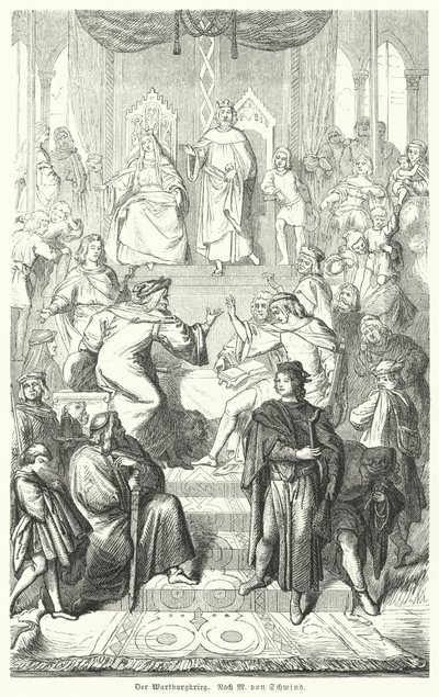 Sangerkrieg, en konkurrence mellem minstreller på Wartburg-slottet i Thüringen i 1207 (gravering) af Moritz Ludwig von (after) Schwind