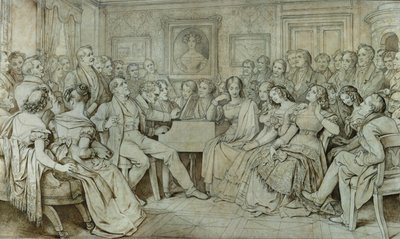 En aften hos baron Spaun, Schubert ved klaveret, tenoren Johann Michael Vogl synger ... (blæk, sepia) af Moritz Ludwig von Schwind