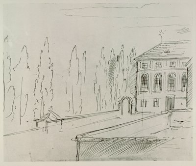 Facade på Haus zum goldenen Mondschein nær Karlskirche, Wien, hvor Schwind boede ... af Moritz Ludwig von Schwind