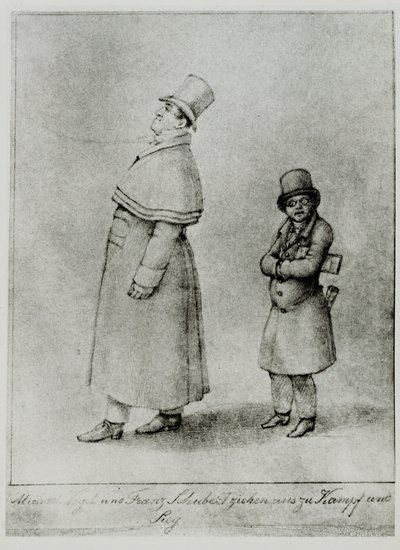 Johann Michael Vogl og Franz Schubert marcherer til kamp og sejr ... (kobberstik) af Moritz Ludwig von Schwind