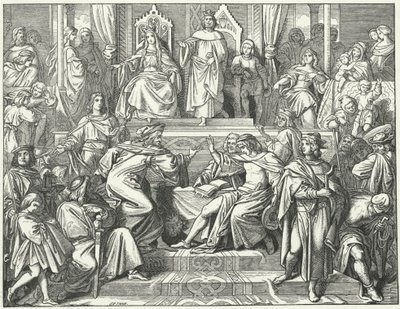 Sangerkrieg, en konkurrence mellem minstreler på Wartburg-slottet i Thüringen i 1207 (gravering) af Moritz Ludwig von Schwind