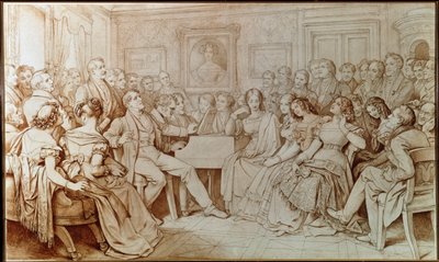 Komponisten Franz Schubert akkompagnerer tenor Johann Michael Vogl ved en musikalsk aften hos Baron von Spaun (Tegning af Moritz Ludwig von Schwind