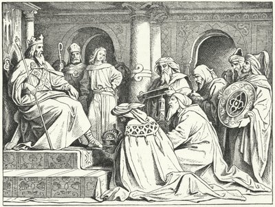 Kalif Harun al-Rashids udsendinge bringer gaver til kejser Karl den Store, 802 (gravering) af Moritz Ludwig von Schwind