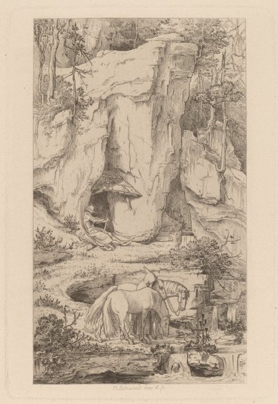 En munk fører heste til vand af Moritz Ludwig von Schwind