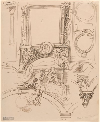 Arkitektoniske detaljer til en vægdekoration med kejserinde Maria Theresia, der omfavner den unge Wolfgang Amadeus Mozart af Moritz Ludwig von Schwind