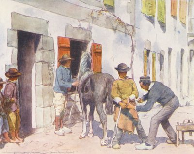 Uden for smedjen, Pont-Aven (farvelitografi) af Mortimer Ludington Menpes