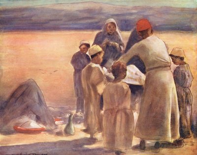 Verdens børn: Lektion i geografi (farvelitografi) af Mortimer Ludington Menpes