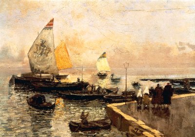 Kulbåde i Chioggia, af Mose Bianchi (1840-1904). af Mose Bianchi