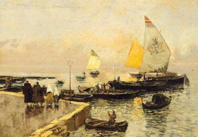 Kulbåde i Chioggia, af Mose Bianchi (1840-1904). af Mose Bianchi