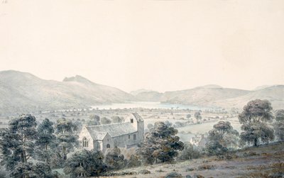 Udsigt til Bala Pool, Llyntagit, fra over Llanfawr Church, Meirionethshire af Moses Griffith
