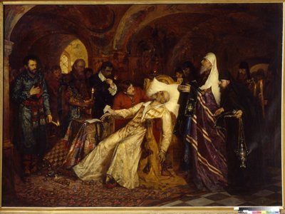 Metropolitan indviede tsaren Ivan IV i Rusland, kendt som The Terrible (1530-1584) (Metropolitan Consecrate Tsar Ivan den forfærdelige for det store skema). Maleri af Moisei Lvovich Maimon (1860-1924), olie på lærred af Moshe Maimon