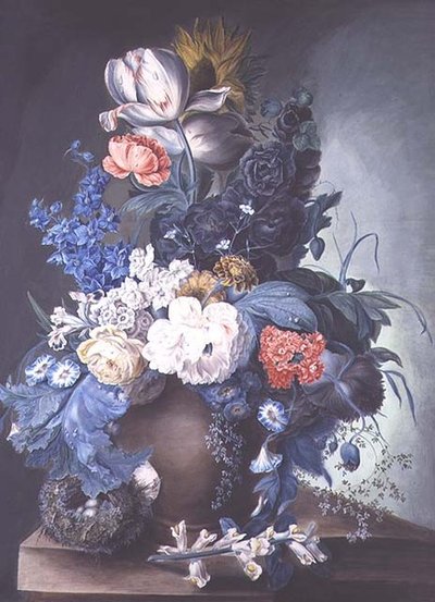 Gruppe af blomster i en krukke og fuglerede af Mrs.Margaret Meen