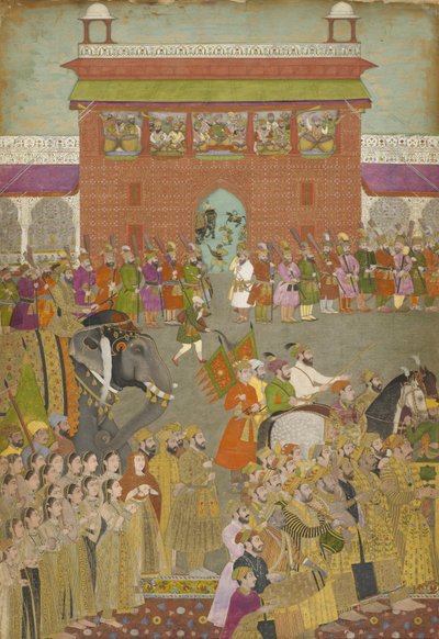 En processionsscene med musikere, fra en kopi af Padshanama, Mughal-perioden, midten af det 17. århundrede af Mughal School