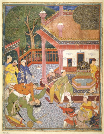 En helt dræber en kæmpe foran en skare af tilskuere i en gårdhave, illustration fra Hamza Nama, ca. 1555-67 (kropsfarve på bomuld) af Mughal School