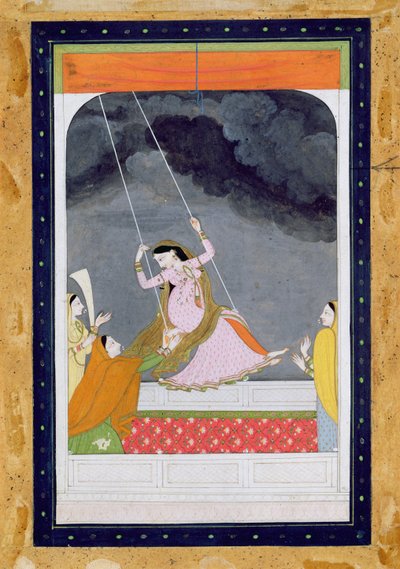 En dame på en gynge, Kangra, Punjab hills c.1790 (ugennemsigtigt wc på papir) af Mughal School