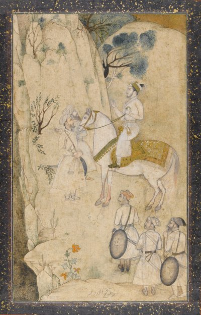 En prins til hest, med fem ledsagere, angående et vandfald (wc med pen og blæk, grafit og guld på papir) af Mughal School