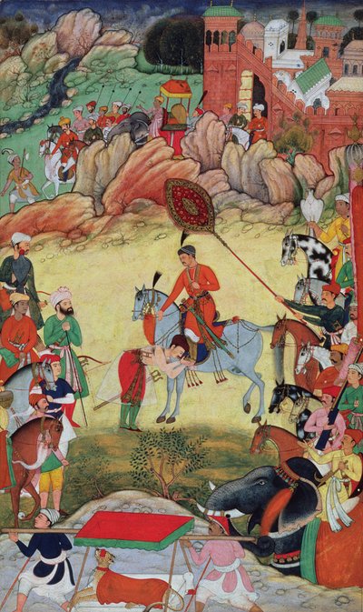 Adham Khan hylder Akbar i Sarangpur, Centralindien, i 1560 eller 1561, fra Akbarnama, 1590-98 af Mughal School
