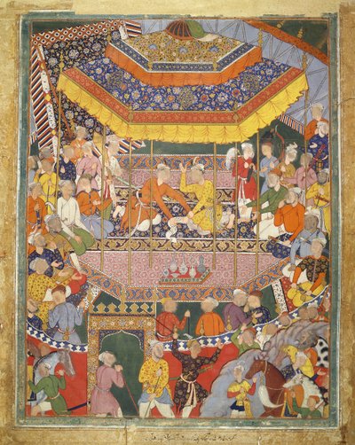 Alamshah samtaler med Qubad, illustration fra Hamza Nama, ca. 1555-57 (kropsfarve på bomuld) af Mughal School