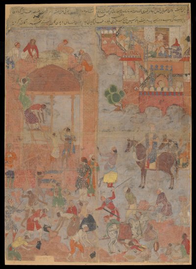 Anushirvan lægger grundlaget for Ctesiphon på en lovende time, manuskriptfolio, ca. 1560-1565 (ugennemsigtig akvarel, blæk og guld på stof, monteret på pap) af Mughal School