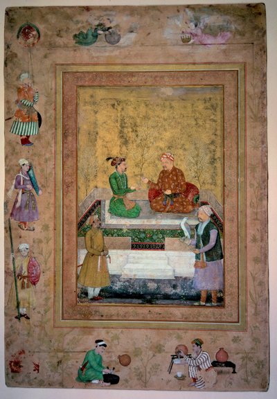 Art India: Akbar (1542-1605) og hans søn Jahangir (1569-1627). Gouache på papir 0,213 x 0,141 m. Mongolsk skole af Mughal School