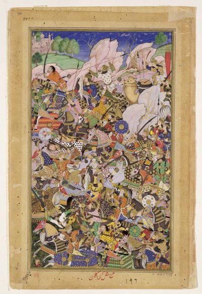 Slaget ved Bundi, fra Akbarnama, ca. 1590 af Mughal School
