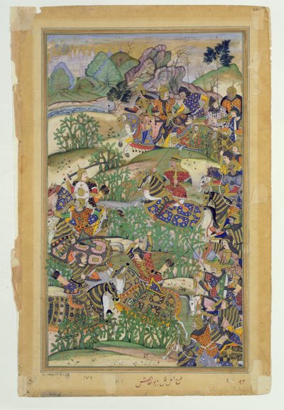 Kejser Akbar (r.1556-1605) ved slaget ved Samal i 1572, fra Akbarnama lavet af Abul Fazi, 1590-98 (ugennemsigtigt wc & guld på papir) af Mughal School