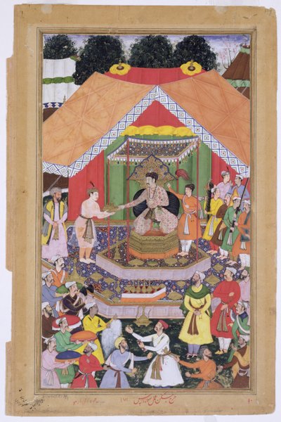 Kejser Akbar (r.1556-1605) underholdt af sin plejebror Azim Khan i Dipalpur, Punjab, 1571, fra Akbarnama lavet af Abul Fazi, 1590-98 (ugennemsigtigt wc & guld på papir) af Mughal School