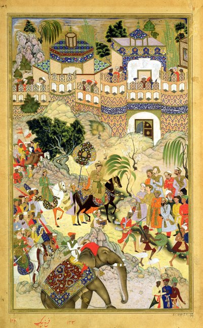Kejser Akbars triumferende indtog i Surat, fra Akbarnama lavet af Abul Fazi (1515-1602) 1590-98 (ugennemsigtigt wc & guld på papir) af Mughal School