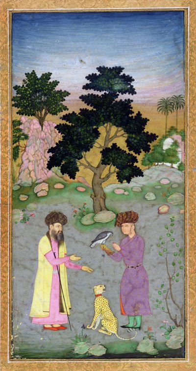 Falkoner med ledsager og kæledyrsgepard, fra Small Clive Album, ca. 1610-15 (ugennemsigtigt wc på papir) af Mughal School
