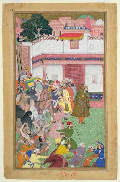 Fatehpur Sikri, 1573: Hussain Quli Khan-i Jahan præsenterer sine fanger for kejser Akbar (r.1556-1605), fra Akbarnama lavet af Abul Fazi, 1590-98 (ugennemsigtigt wc & guld på papir) af Mughal School