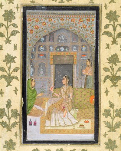 Dame siddende i en pavillon med ledsagere, fra Small Clive Album (ugennemsigtigt wc på papir) af Mughal School